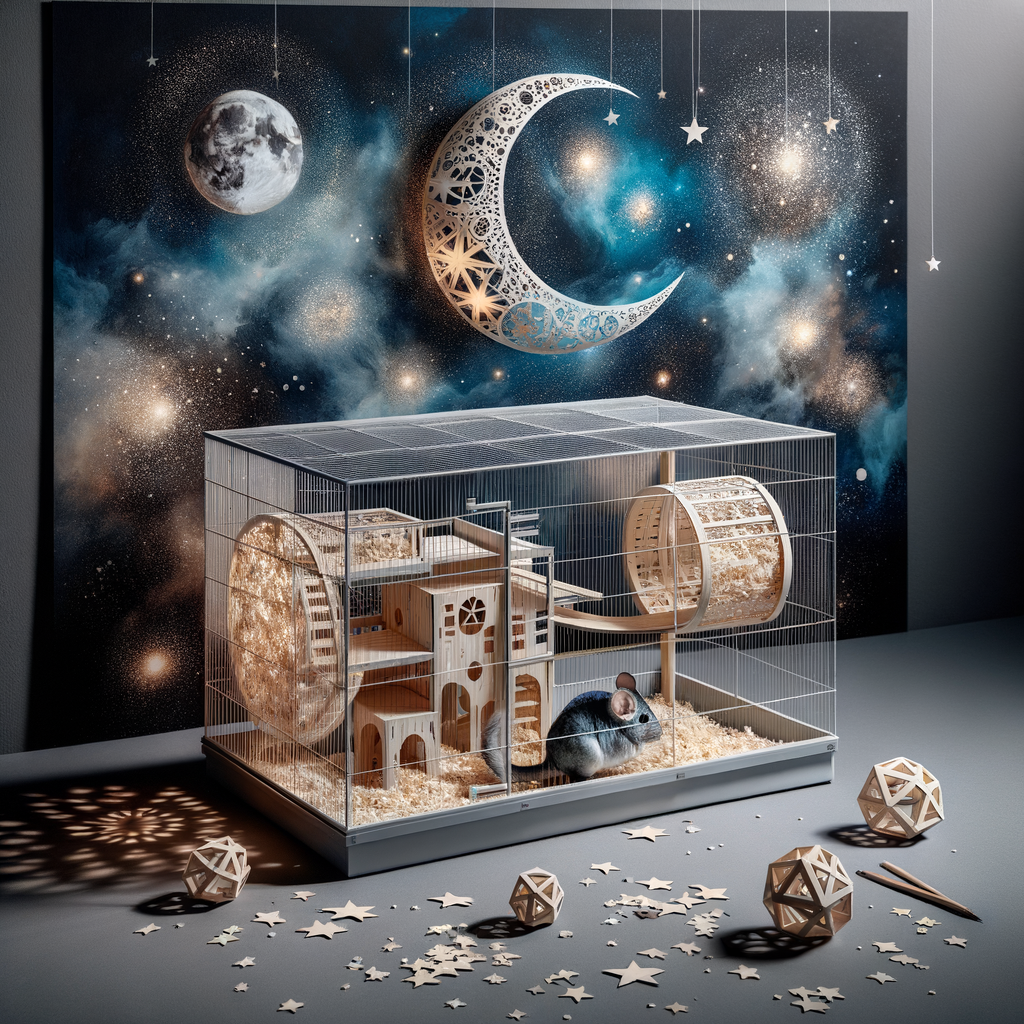 DIY starry night chinchilla cage decor with celestial theme, featuring twinkling stars and miniature moon elements for a comfortable and safe chinchilla habitat.