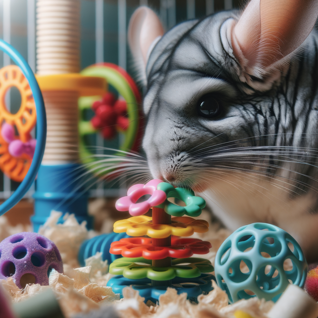 Chinchilla engaging with sensory toys in a stimulating environment, demonstrating chinchilla care, enrichment activities, and the importance of sensory stimulation for chinchilla health and behavior.