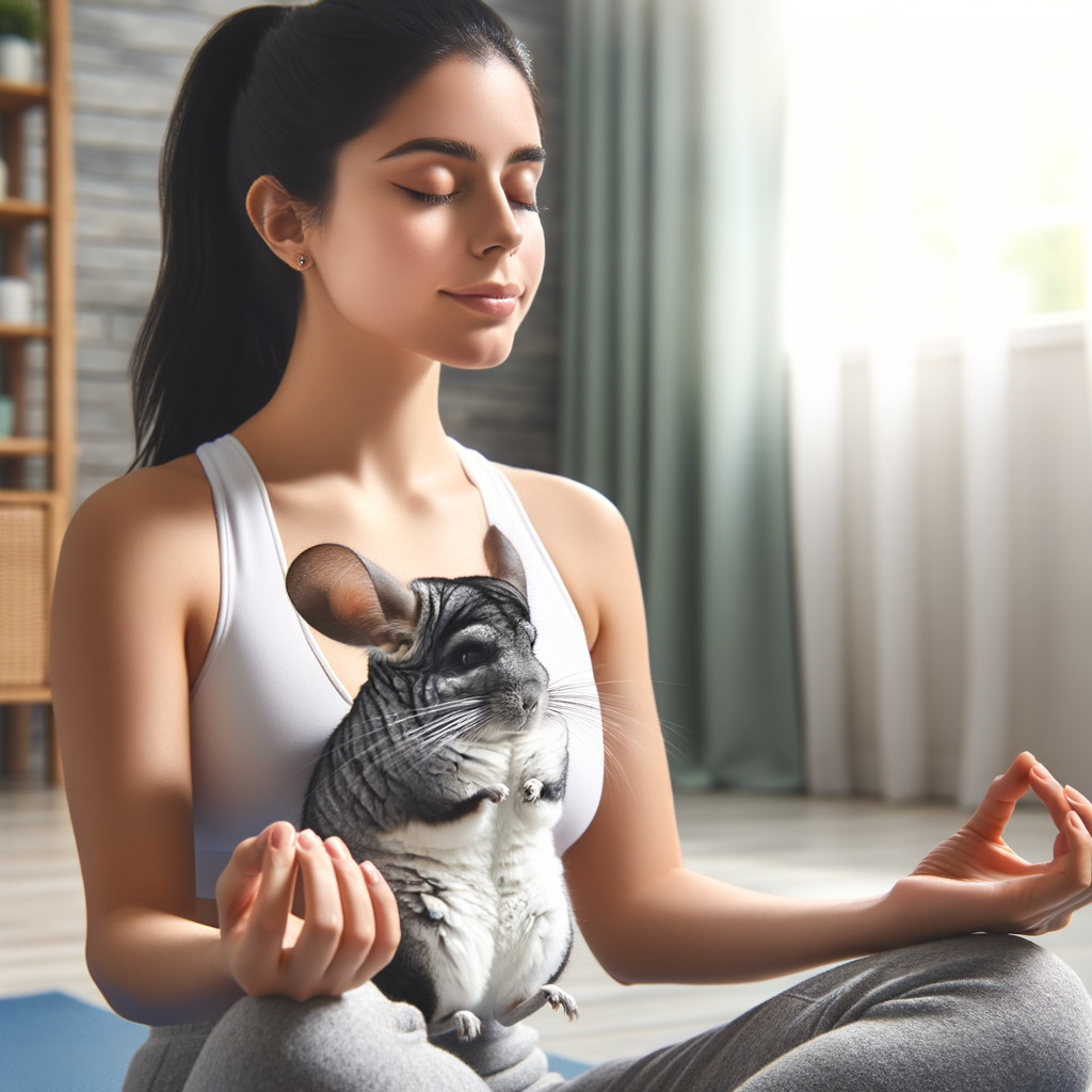 Pet owner practicing chinchilla yoga for inner peace and wellness, showcasing pet-assisted relaxation techniques and chinchilla bonding in a serene meditation setting.
