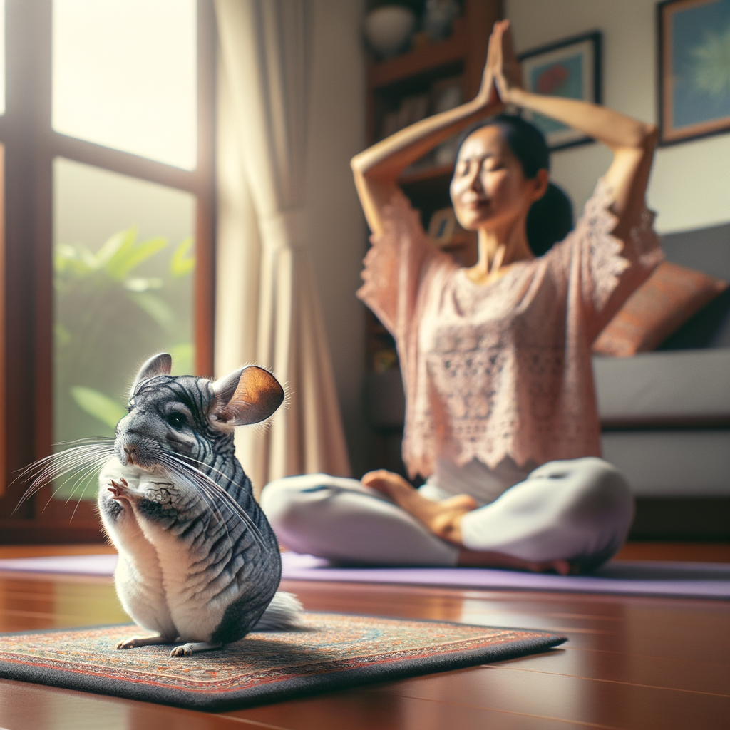 Chinchilla performing yoga poses on a mat, demonstrating chinchilla care and training, promoting pet bonding activities and relaxation techniques for finding inner peace with pets.