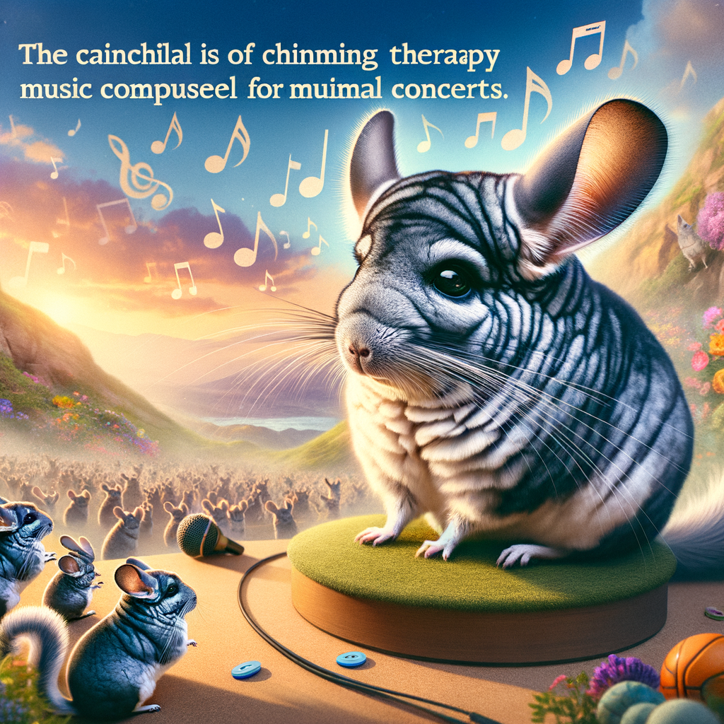 Chinchillas enjoying a Chinchilla Concert, showcasing the soothing blend of Chinchilla Music, Chinchilla Sounds, and Chinchilla Melodies, illustrating the concept of Animal Concerts and Pet Music Therapy in a Musical Paradise.