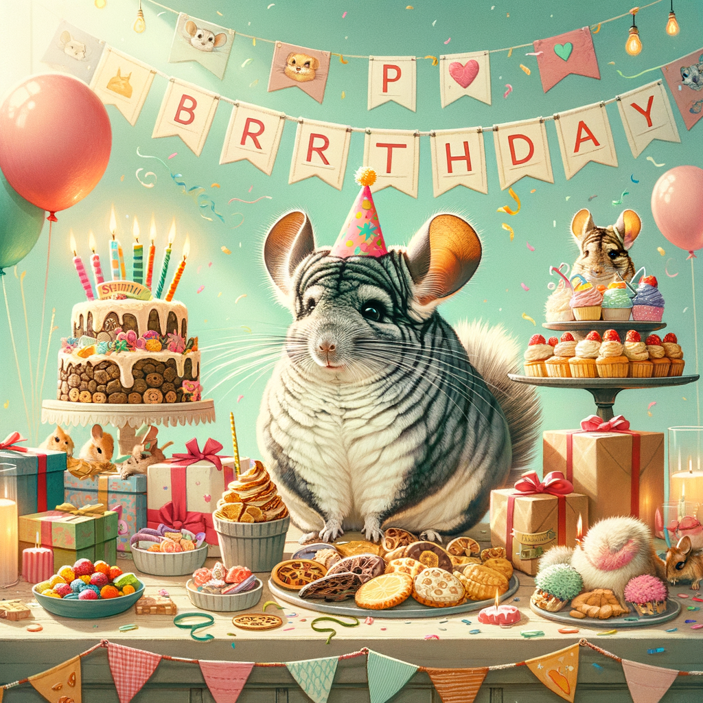 Chinchilla birthday party scene featuring creative Chinchilla party ideas, birthday treats, gifts, and decorations for celebrating a Chinchilla's special day.