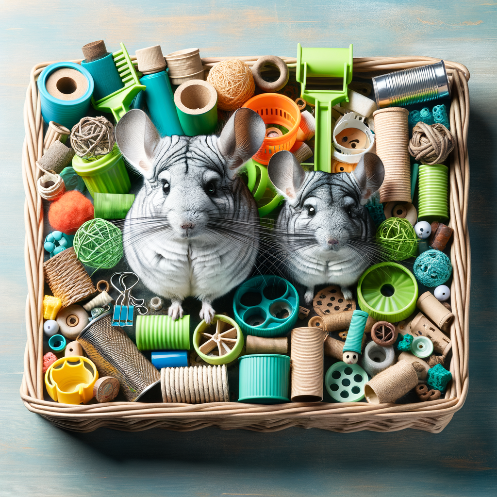 DIY chinchilla toys made from recycled items, illustrating eco-friendly pet toys and chinchilla care through repurposing items for pets and DIY recycling projects.