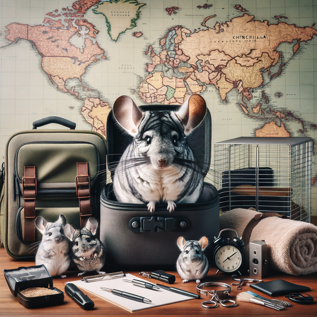 Chinchilla travel essentials including a travel cage, accessories, and checklist on a table with a world map backdrop, symbolizing stress-free and safe chinchilla journeys as per a comprehensive chinchilla travel guide.