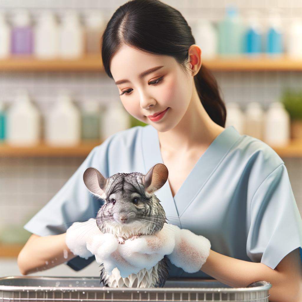 Professional pet groomer providing top-notch chinchilla care at a pet spa day, demonstrating chinchilla grooming and wellness techniques including a chinchilla bath for optimal furry friend care.