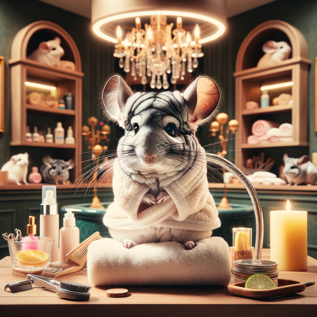 Chinchilla enjoying luxury treatments at a high-end pet spa, emphasizing chinchilla care and wellness with stylish grooming and pampering services in a lavish chinchilla spa retreat setting.