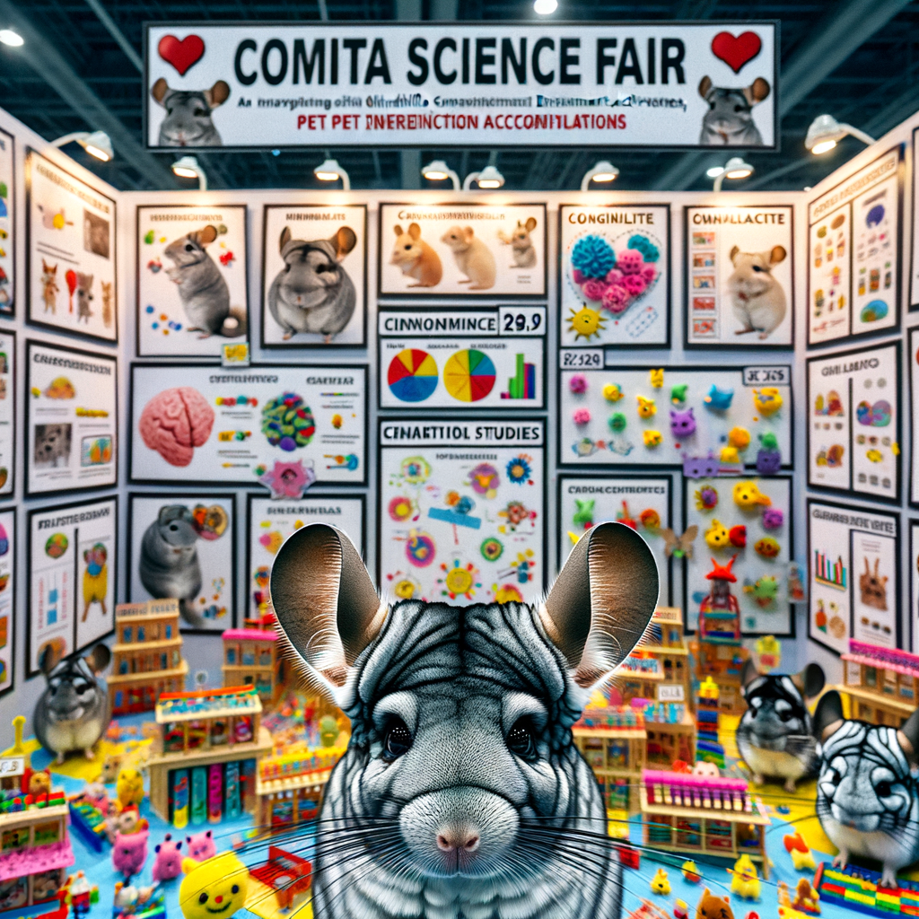 Chinchillas engaging in DIY brain games and toys at a vibrant science fair, showcasing chinchilla intelligence, behavior science, and cognition research, alongside homemade chinchilla games and enrichment activities.