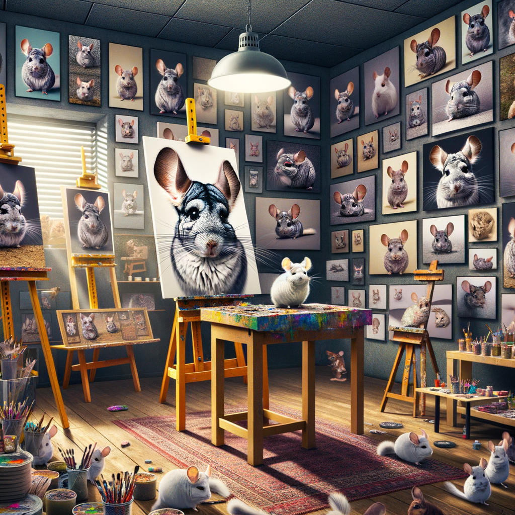Chinchilla actively participating in creating pet-inspired art masterpieces in a professional artist's studio filled with various chinchilla art projects, showcasing the concept of artistry with pets and chinchilla crafts.