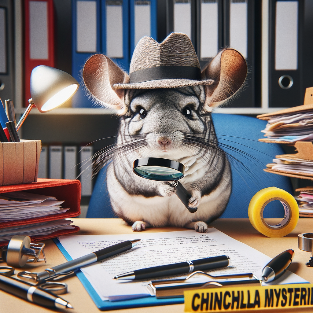 Chinchilla Detective diligently solving mysteries with furry partner at a detective agency, using pet detective tools and examining Chinchilla Mysteries case files.