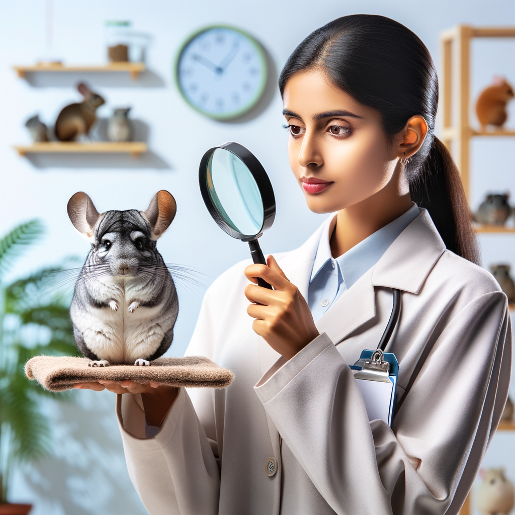 Pet detective analyzing chinchilla behavior and decoding pet clues in a chinchilla pet care environment, illustrating understanding and decoding of chinchilla behavior clues for pet behavior analysis.