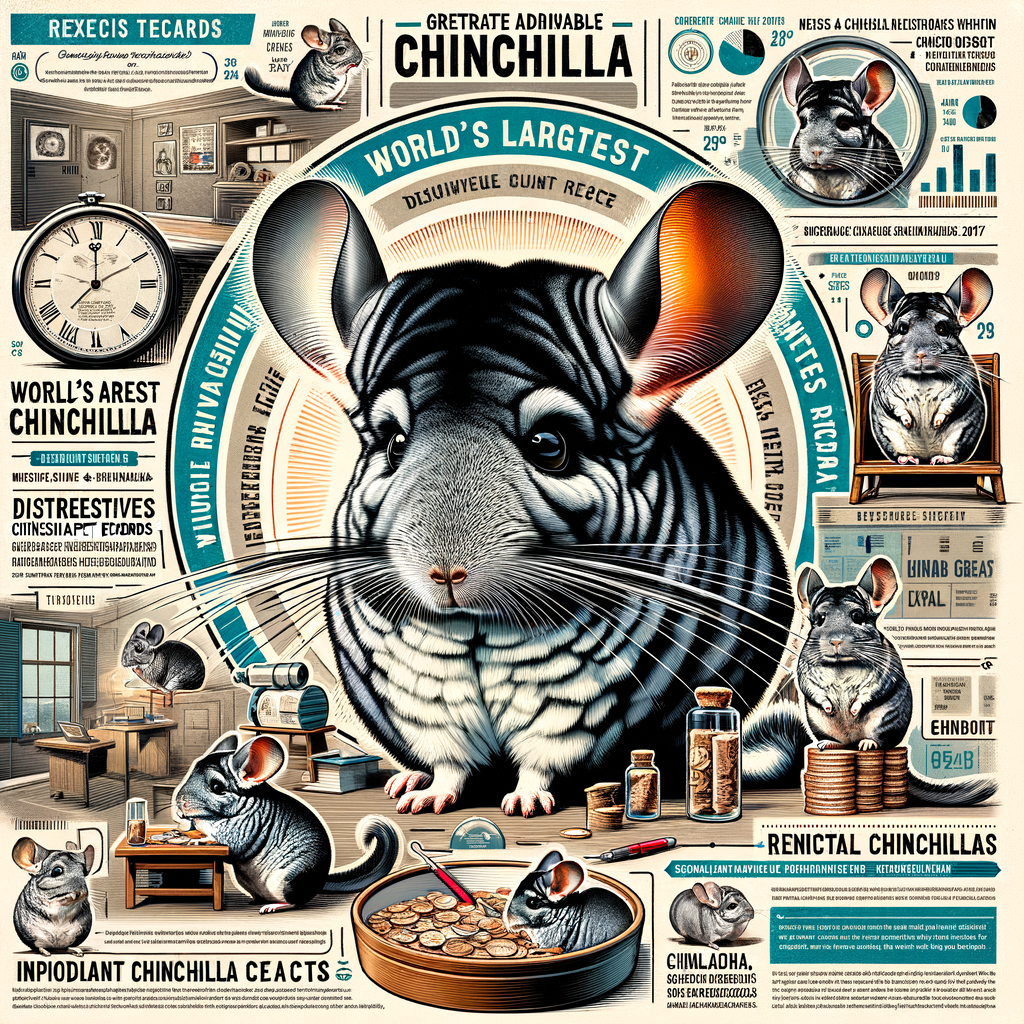 Collage of record-breaking chinchillas including world's largest and oldest, showcasing unique pet records, chinchilla achievements, facts, and care tips for these extraordinary pets.
