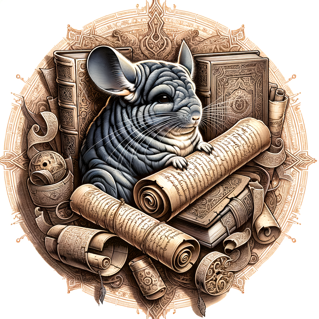 Chinchilla narrating myths and legends surrounded by ancient scrolls and books, symbolizing the exploration of chinchilla tales, folklore, stories, and history.