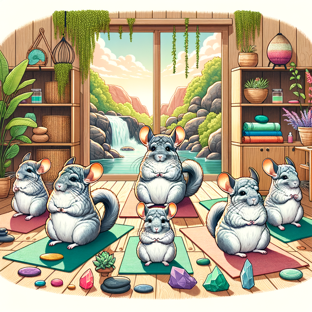 Chinchillas practicing yoga and meditation at a wellness retreat, highlighting chinchilla health and wellness, including mental, physical, and spiritual care, in a nurturing environment.