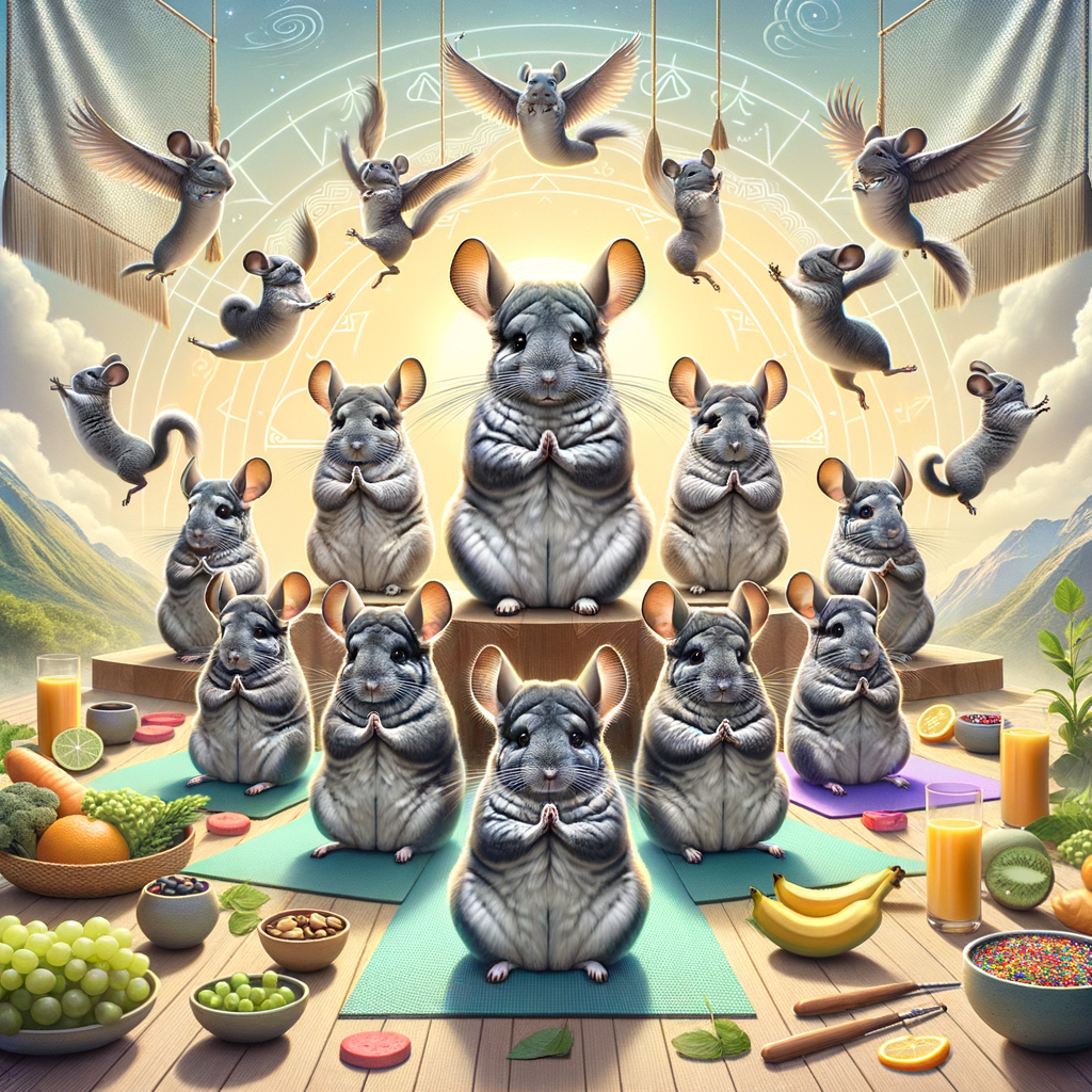 Chinchillas practicing wellness activities like yoga and meditation in a serene retreat setting, highlighting Chinchilla Care, Chinchilla Wellness, and Chinchilla Mental Health for a nurturing and spiritual Chinchilla Retreat.