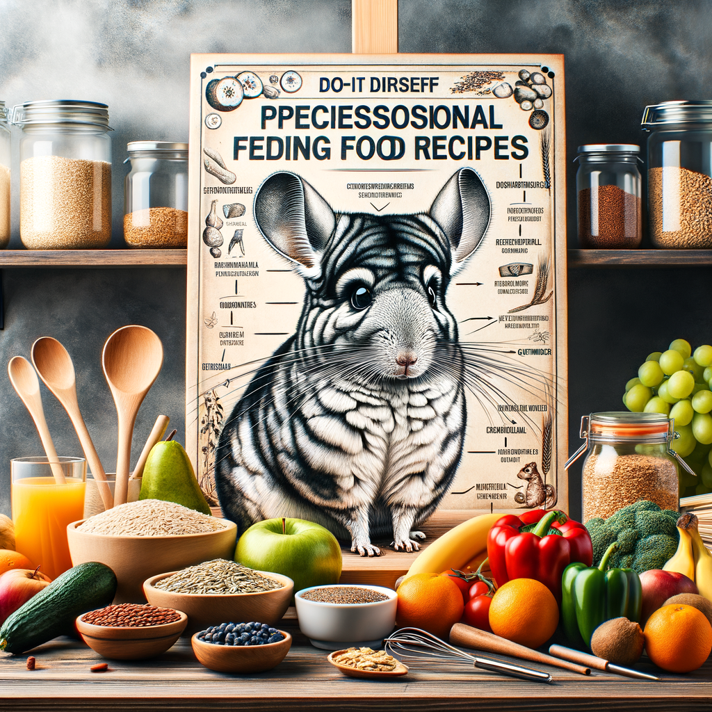 Professional kitchen setup illustrating homemade chinchilla food preparation with fresh fruits, vegetables, and grains, highlighting chinchilla diet and nutrition for crafting healthy chinchilla meals, with a detailed chinchilla feeding guide for DIY gourmet pet food recipes in the background.