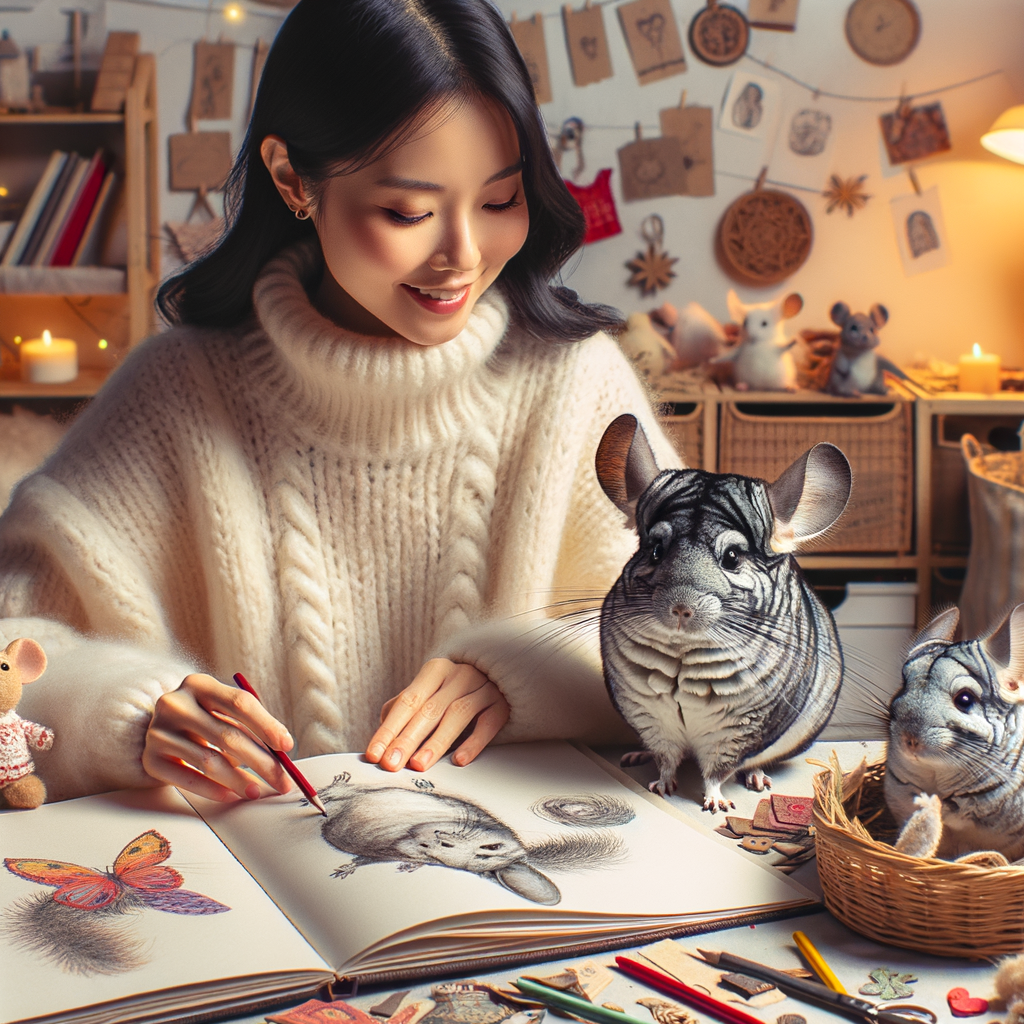 Pet owner crafting DIY Chinchilla bedtime stories in a cozy setting, with elements of homemade pet entertainment and Chinchilla DIY projects for personalized pet tales.