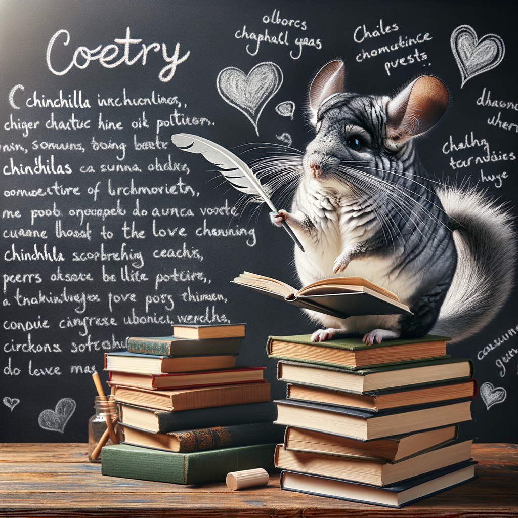 Chinchilla pet composing verses for Chinchilla Poetry Corner, surrounded by Chinchilla inspired poetry on a chalkboard, representing pet inspired poetry and poems about Chinchillas.