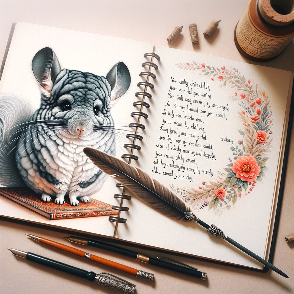 Chinchilla pet love expressed through pet-inspired poetry, featuring an open book of chinchilla poems, a quill pen, and a cherished chinchilla pet, illustrating the beauty of poems about pets and chinchilla inspired verses for all pet-themed poetry enthusiasts.