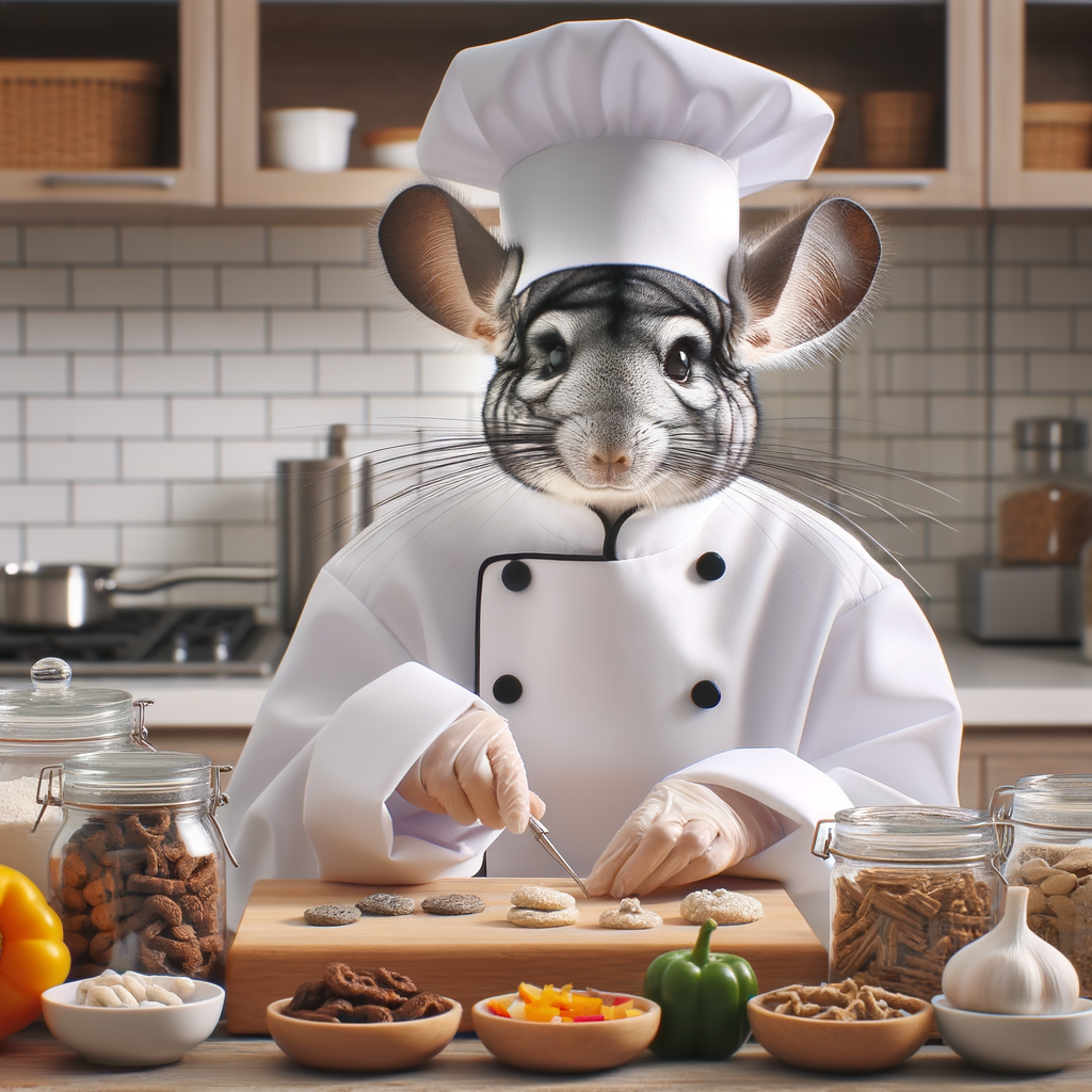 Chinchilla chef meticulously preparing homemade chinchilla treats with safe, nutritious ingredients, showcasing DIY chinchilla-friendly recipes for a healthy chinchilla diet.